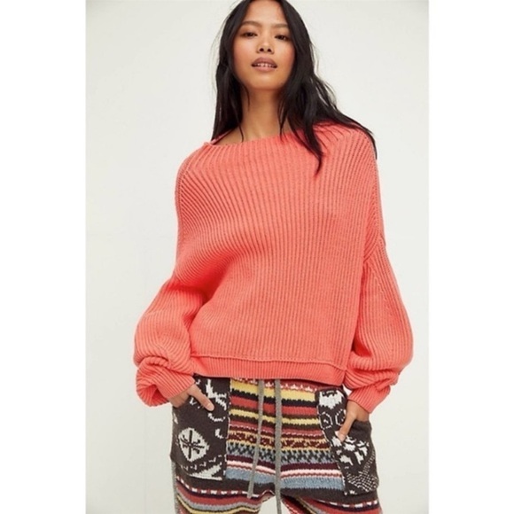Free People Emmy orange mock neck drop sleeve cropped oversized sweater size XS - Picture 1 of 9